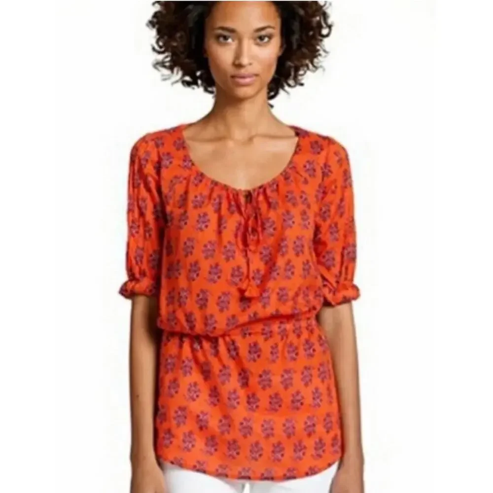 Tory Burch Evelina Cinch Waist‎ Cotton Voile Tunic Top Size 6